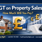 CGT on property sales UK showing house, calculator and pound symbol explaining capital gains tax