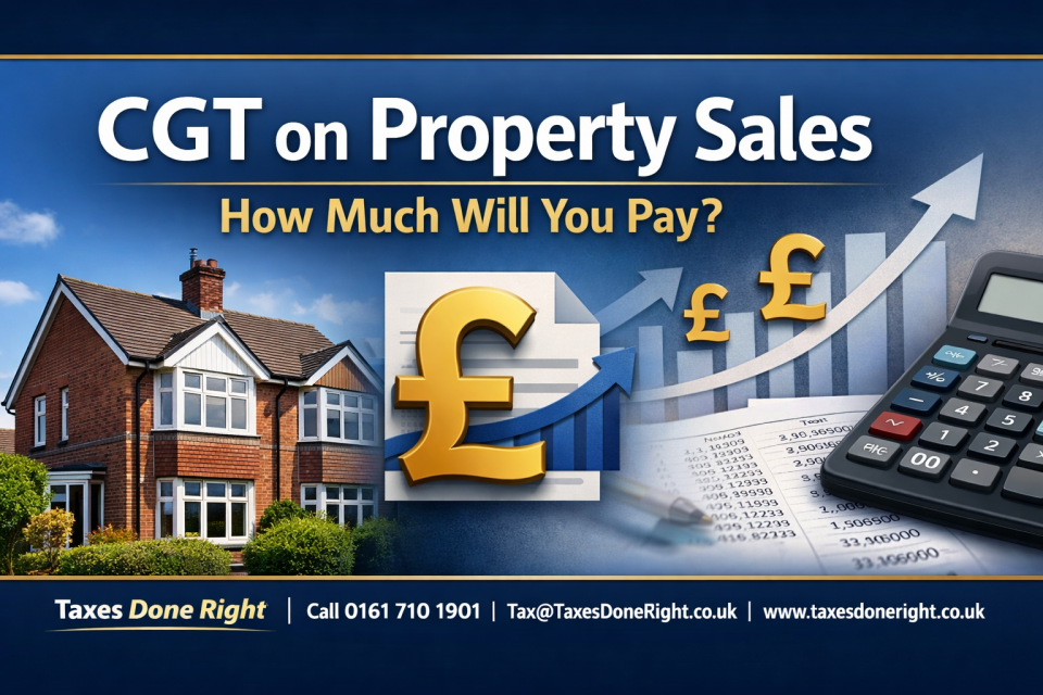 CGT on property sales UK showing house, calculator and pound symbol explaining capital gains tax