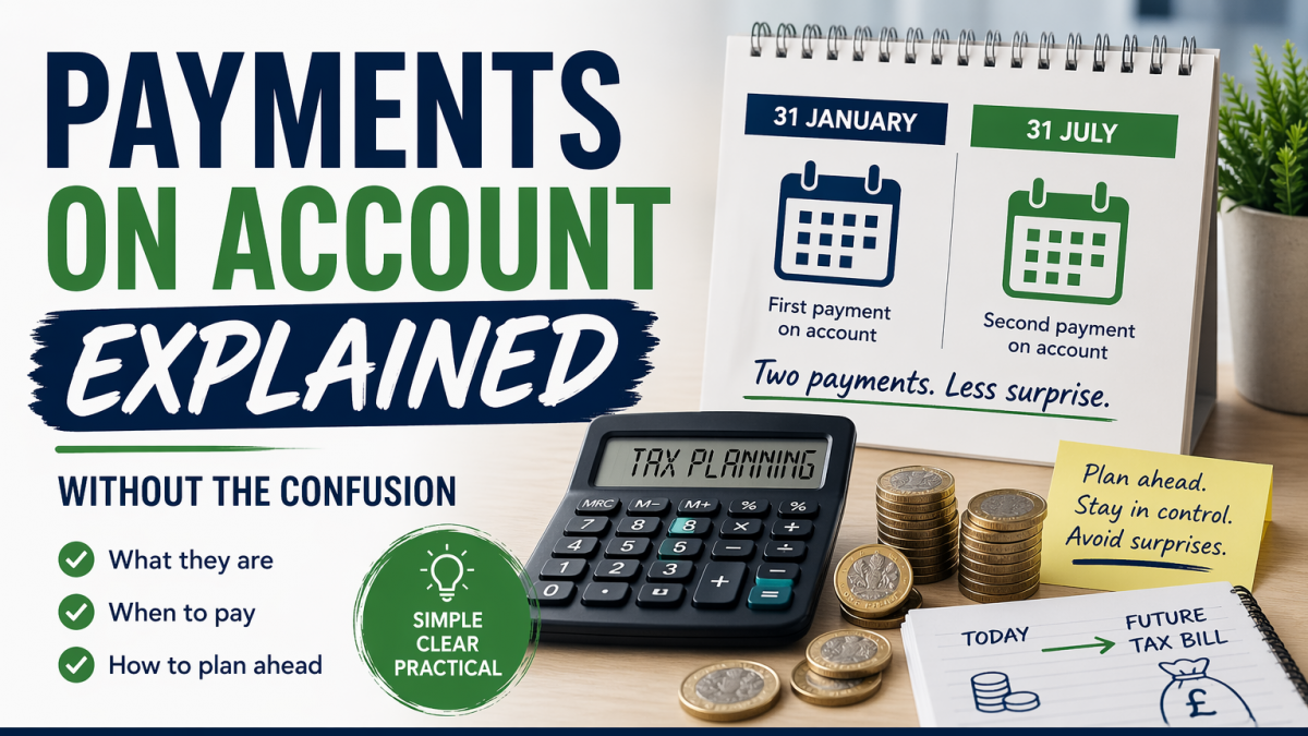 Payments on account explained UK showing January and July tax deadlines with calculator and coins