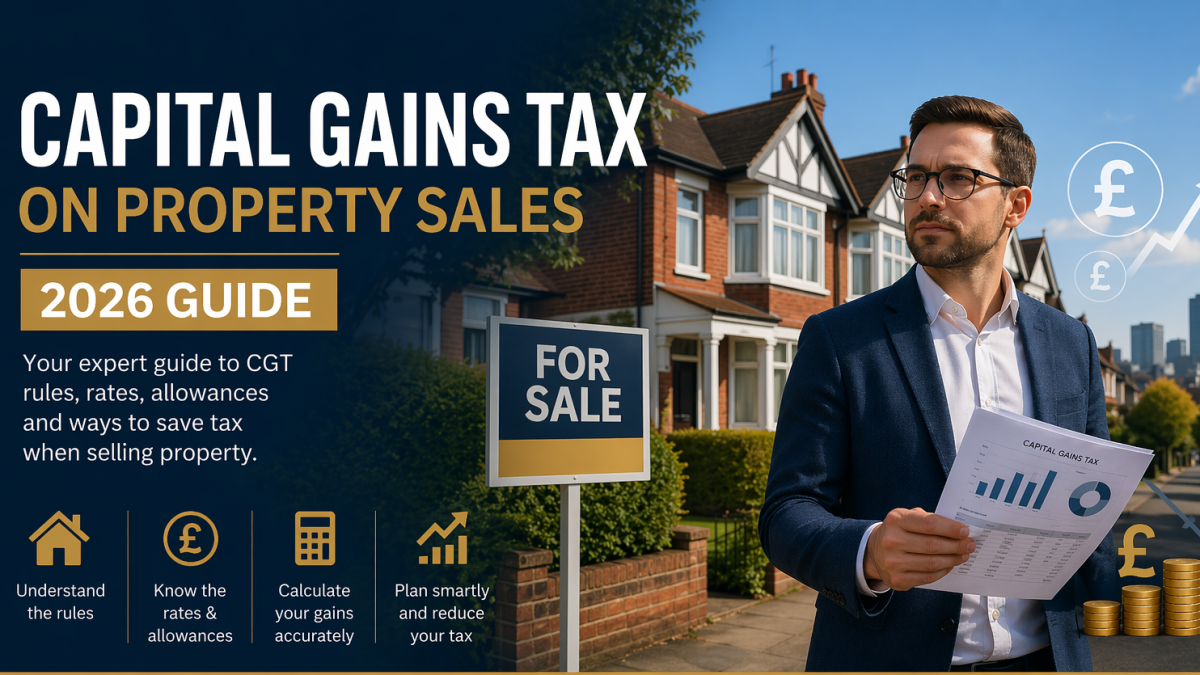 Capital Gains Tax on property sales UK 2026 guide with house for sale sign and financial planning concept