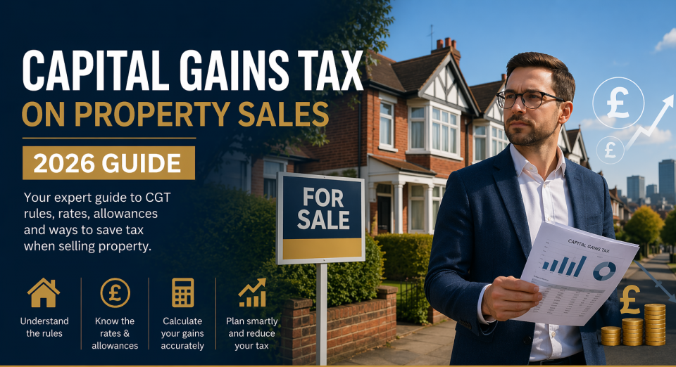 Capital Gains Tax on property sales UK 2026 guide with house for sale sign and financial planning concept