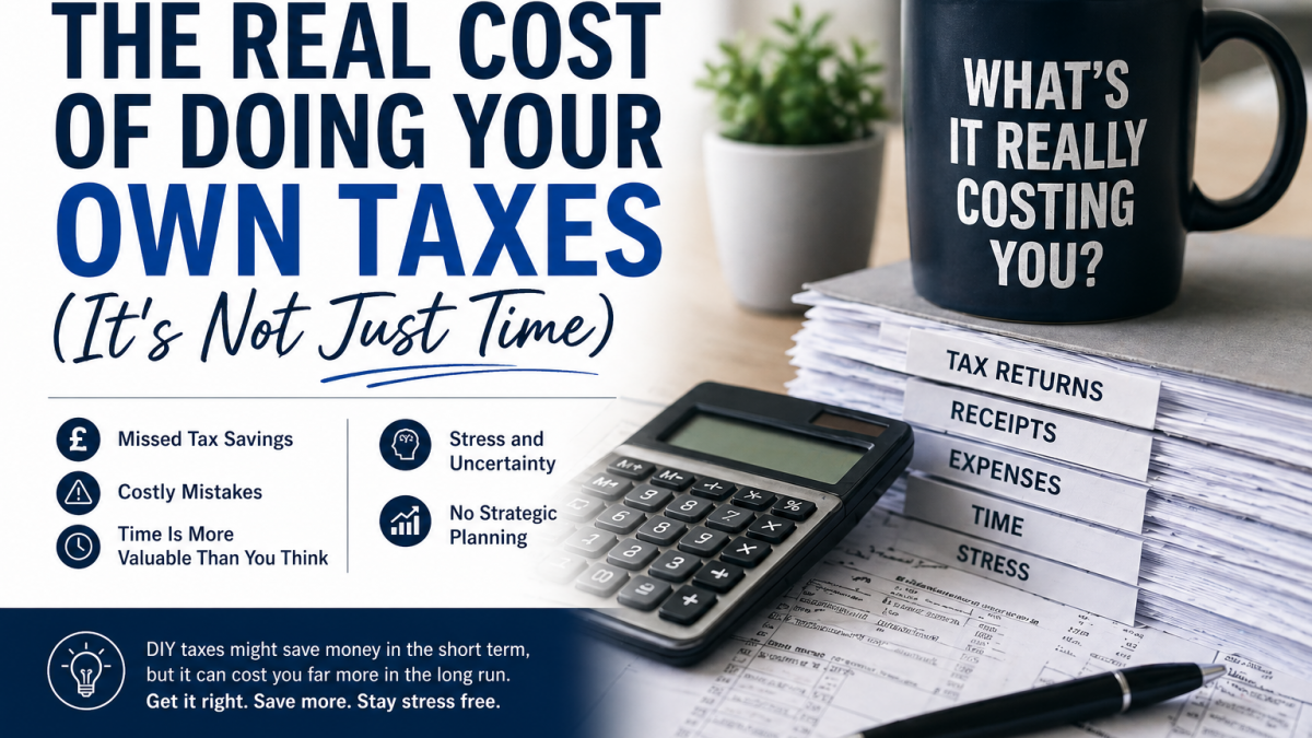 The real cost of doing your own taxes UK with time is money sign and tax paperwork on desk