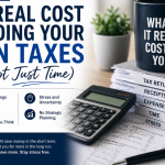 The real cost of doing your own taxes UK with time is money sign and tax paperwork on desk