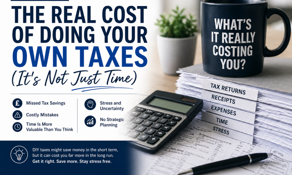 The real cost of doing your own taxes UK with time is money sign and tax paperwork on desk