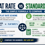 Flat Rate vs Standard VAT comparison infographic showing formula to calculate VAT payable for UK businesses