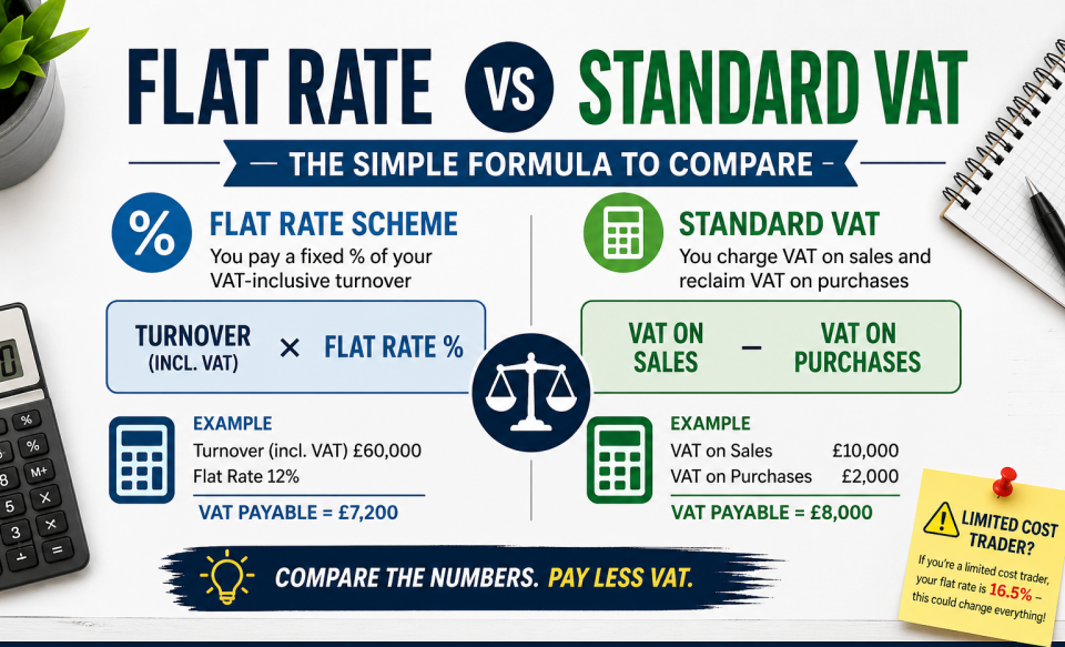 Flat Rate vs Standard VAT comparison infographic showing formula to calculate VAT payable for UK businesses