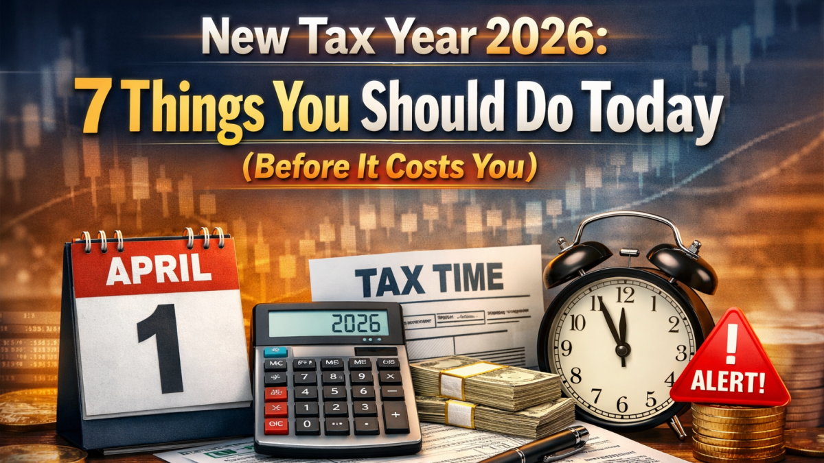 New Tax Year 2026 UK checklist showing 7 things you should do today including tax code, allowances and MTD preparation