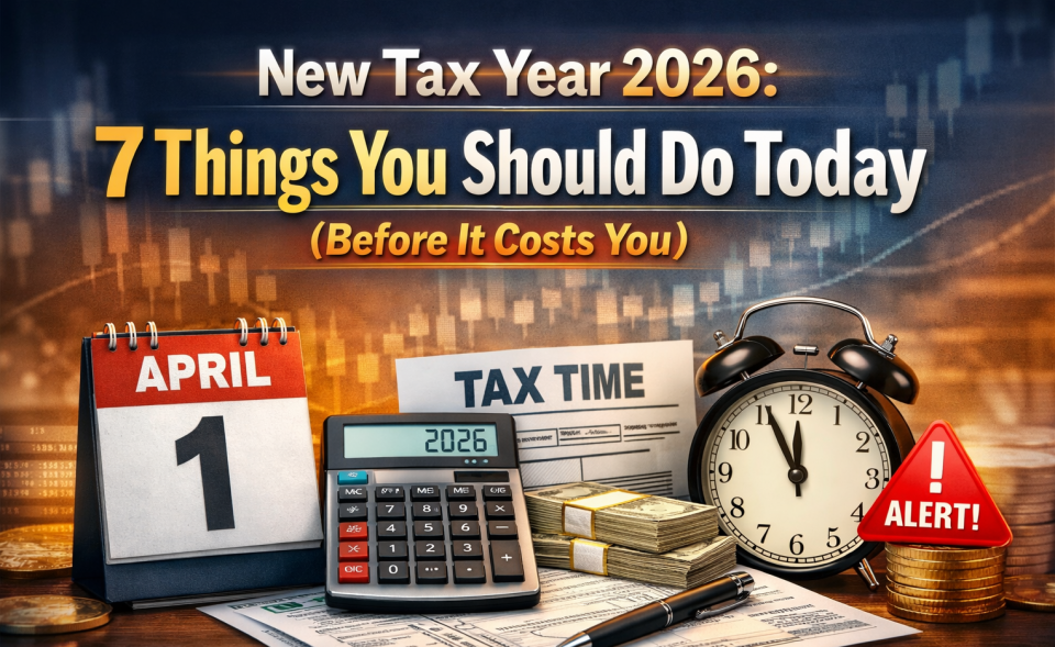 New Tax Year 2026 UK checklist showing 7 things you should do today including tax code, allowances and MTD preparation