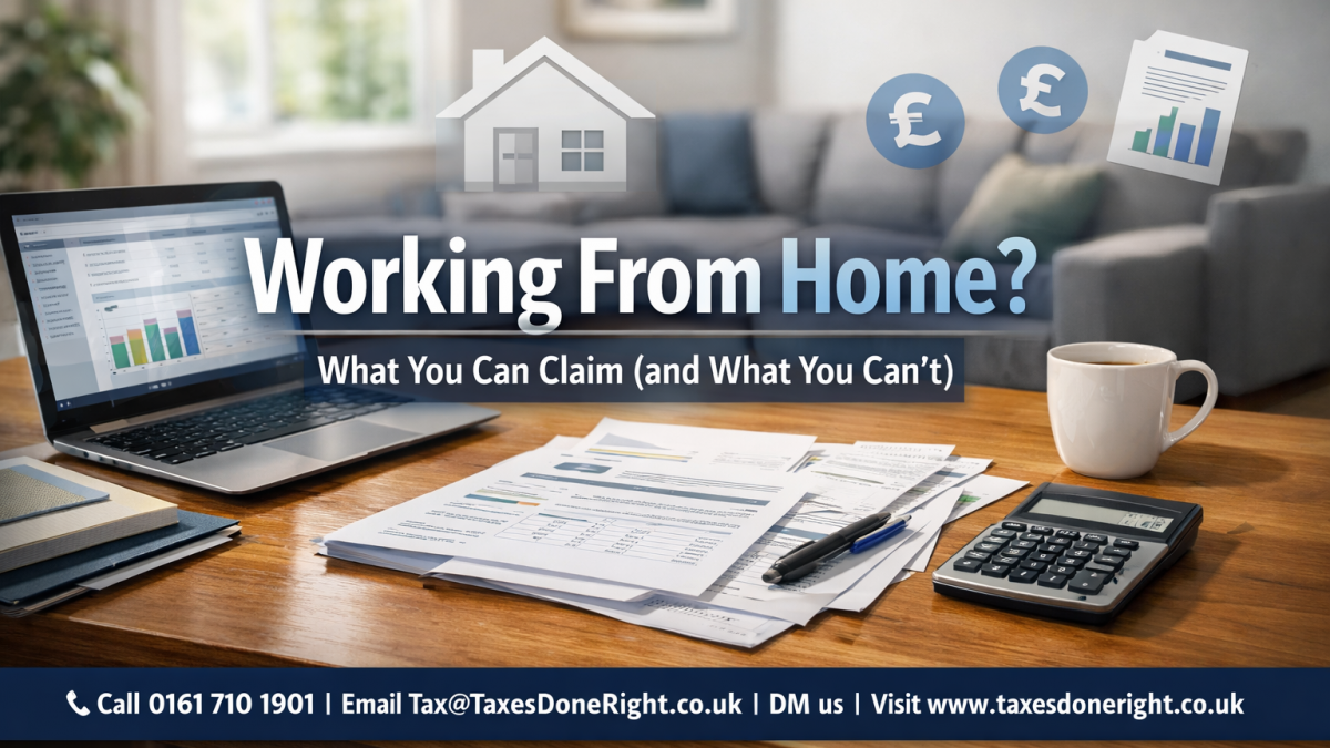 Working from home tax claims UK showing home office setup with laptop paperwork and calculator