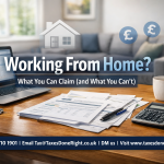 Working from home tax claims UK showing home office setup with laptop paperwork and calculator