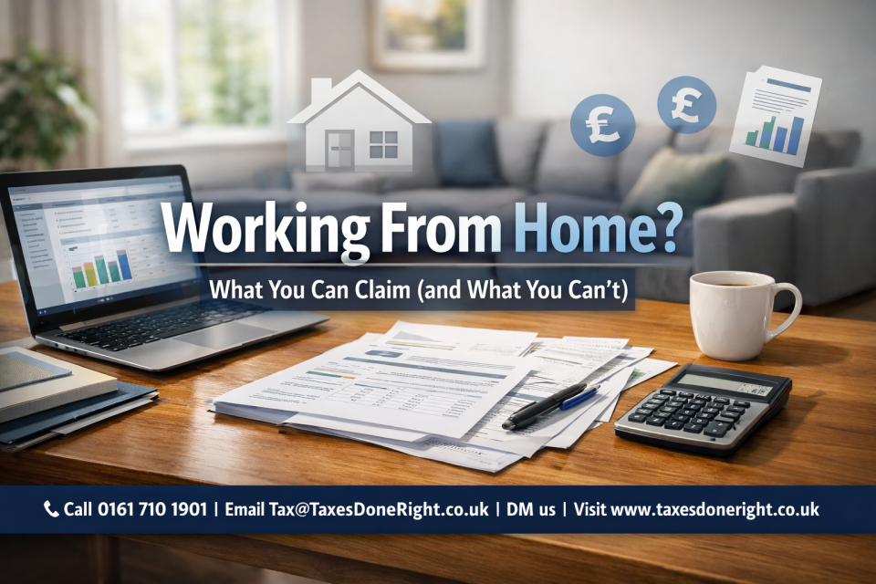 Working from home tax claims UK showing home office setup with laptop paperwork and calculator