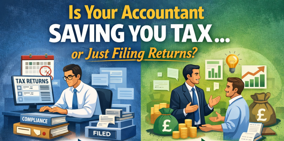 Accountant saving tax vs just filing returns comparison showing proactive tax planning for UK business owners