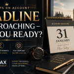 Premium financial adviser reviewing UK Self Assessment tax documents and Payments on Account paperwork in a luxury office, representing preparation for the upcoming HMRC account deadline.