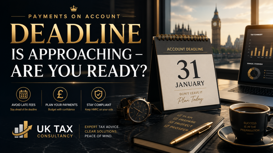 Premium financial adviser reviewing UK Self Assessment tax documents and Payments on Account paperwork in a luxury office, representing preparation for the upcoming HMRC account deadline.