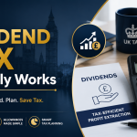 Business owner reviewing financial documents and dividend payments with calculator and charts illustrating how Dividend Tax works in the UK