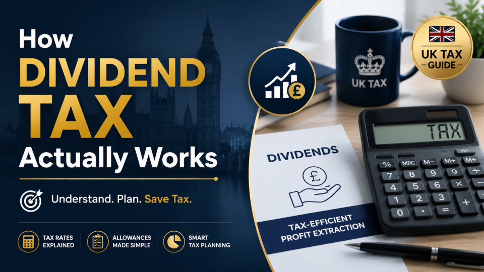 Business owner reviewing financial documents and dividend payments with calculator and charts illustrating how Dividend Tax works in the UK