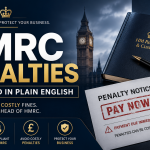 HMRC Penalties explained in plain English with tax documents, calculator and business compliance concept for UK taxpayers.