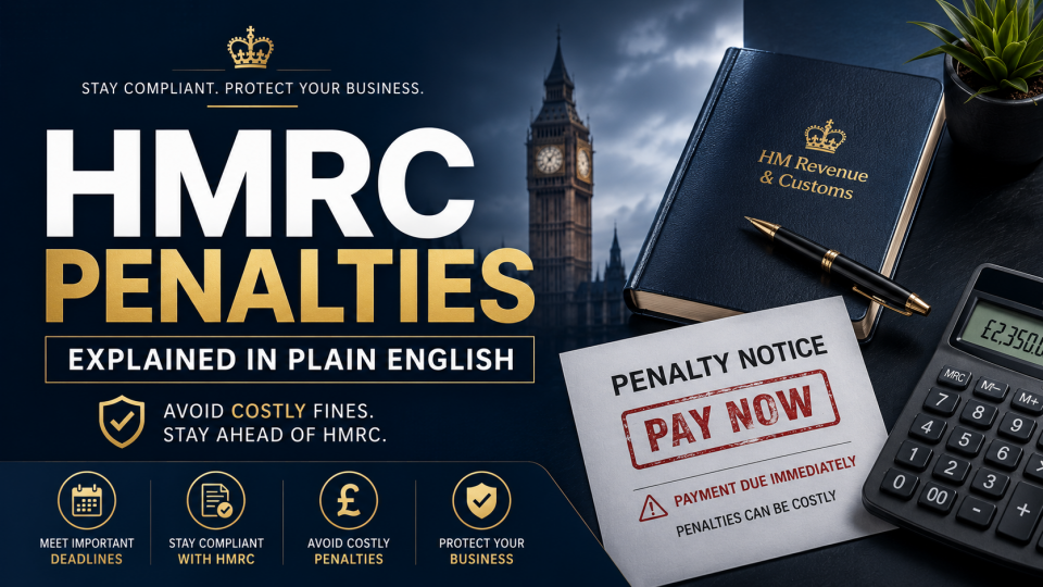 HMRC Penalties explained in plain English with tax documents, calculator and business compliance concept for UK taxpayers.