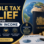 Premium illustration of Double Tax Relief for foreign income featuring a globe, UK tax documents, international finance, and business tax planning.