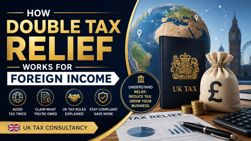 Premium illustration of Double Tax Relief for foreign income featuring a globe, UK tax documents, international finance, and business tax planning.