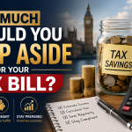 Keep Aside For Tax Bill – UK business owner planning tax savings with calculator, savings jar and financial planning tools.