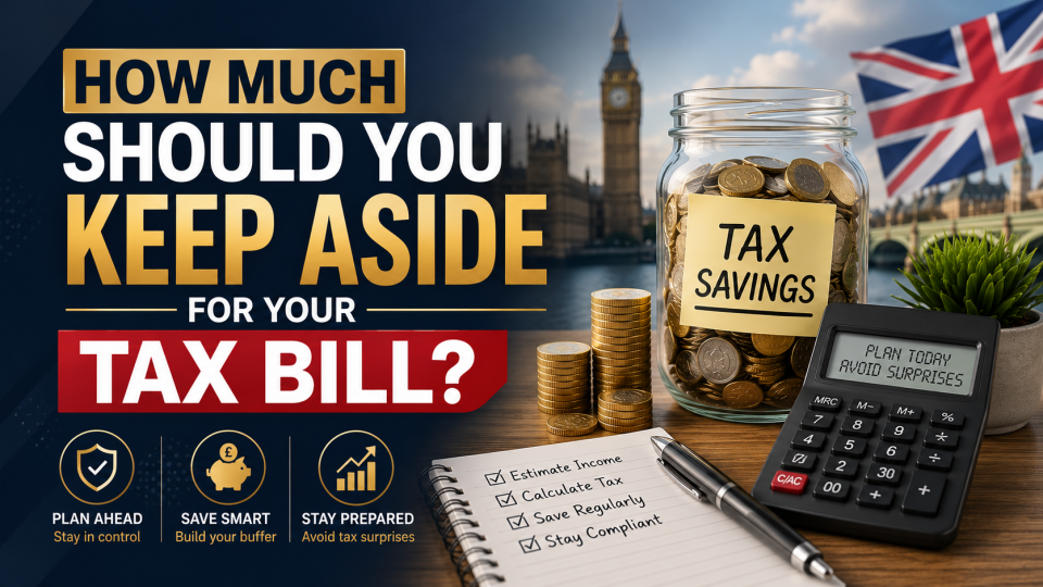 Keep Aside For Tax Bill – UK business owner planning tax savings with calculator, savings jar and financial planning tools.