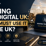 Business owner reviewing Making Tax Digital UK requirements on a laptop with a modern London office backdrop, representing HMRC digital tax compliance.