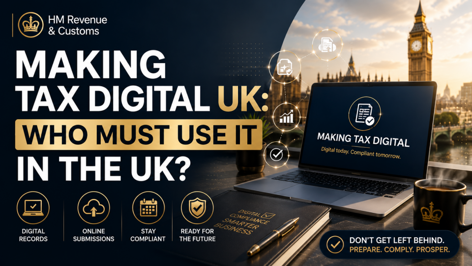 Business owner reviewing Making Tax Digital UK requirements on a laptop with a modern London office backdrop, representing HMRC digital tax compliance.