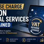 Professional illustration explaining Reverse Charge VAT on digital services for UK businesses, featuring a laptop, VAT symbol, calculator, financial icons, and UK business compliance theme.