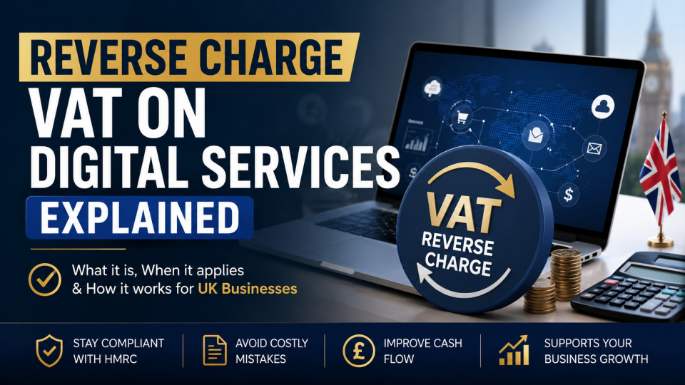 Professional illustration explaining Reverse Charge VAT on digital services for UK businesses, featuring a laptop, VAT symbol, calculator, financial icons, and UK business compliance theme.