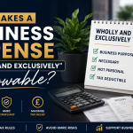 Business owner reviewing wholly and exclusively allowable business expenses with receipts, calculator, and HMRC tax compliance checklist.