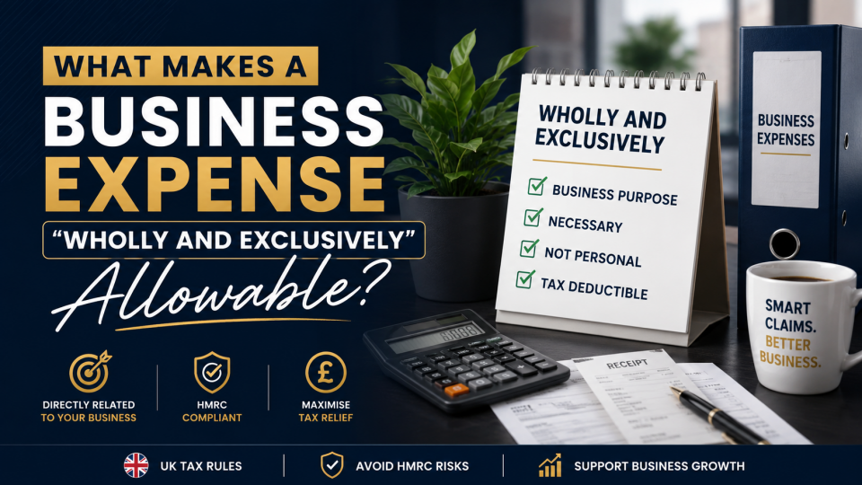 Business owner reviewing wholly and exclusively allowable business expenses with receipts, calculator, and HMRC tax compliance checklist.