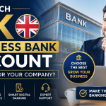 Professional business owner comparing UK business bank account options with a modern bank and digital banking interface in the background.