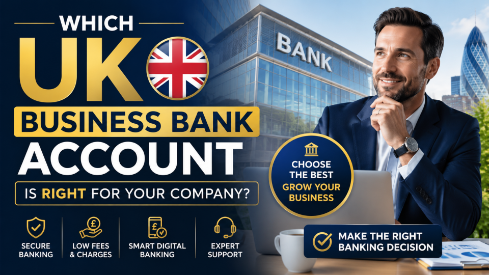 Professional business owner comparing UK business bank account options with a modern bank and digital banking interface in the background.