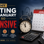 Waiting Until January is so expensive – premium UK tax planning illustration showing a January calendar, tax bill, calculator and financial documents.