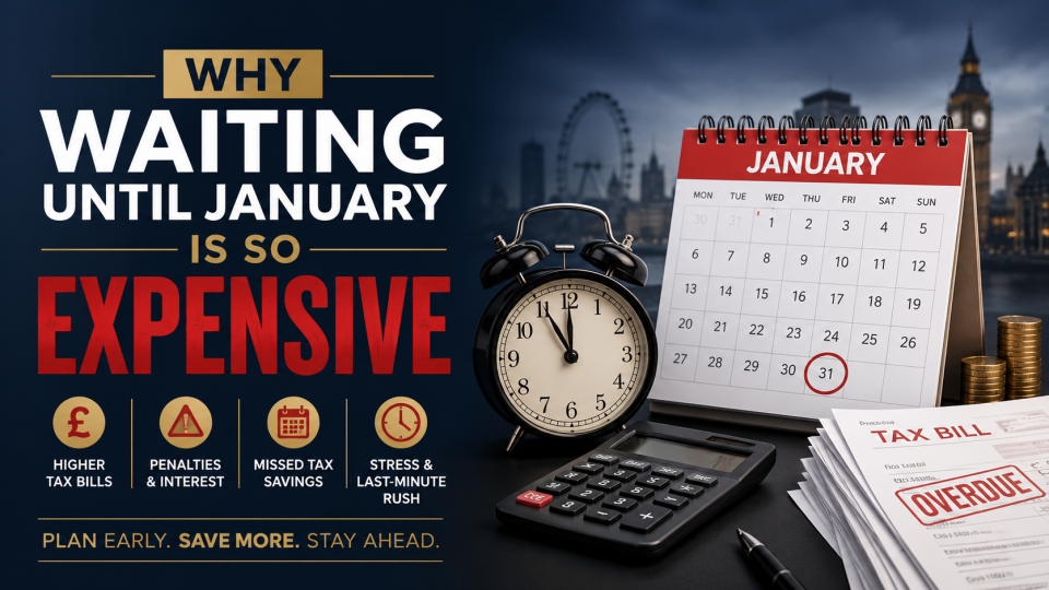 Waiting Until January is so expensive – premium UK tax planning illustration showing a January calendar, tax bill, calculator and financial documents.