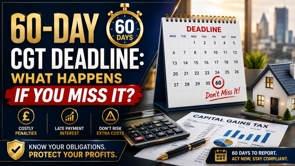 60-Day CGT Deadline showing Capital Gains Tax penalties, late payment interest and UK property reporting requirements.