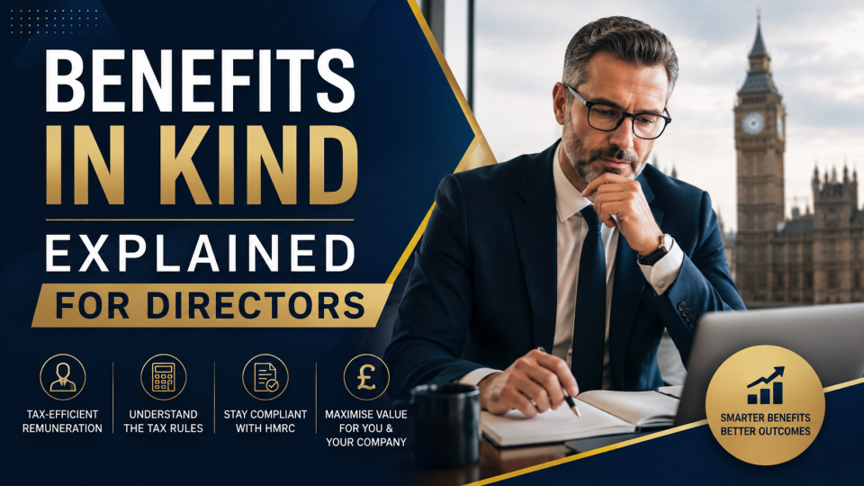 Benefits in Kind Explained for Directors premium UK tax guide thumbnail showing a business director reviewing finances with tax planning visuals.