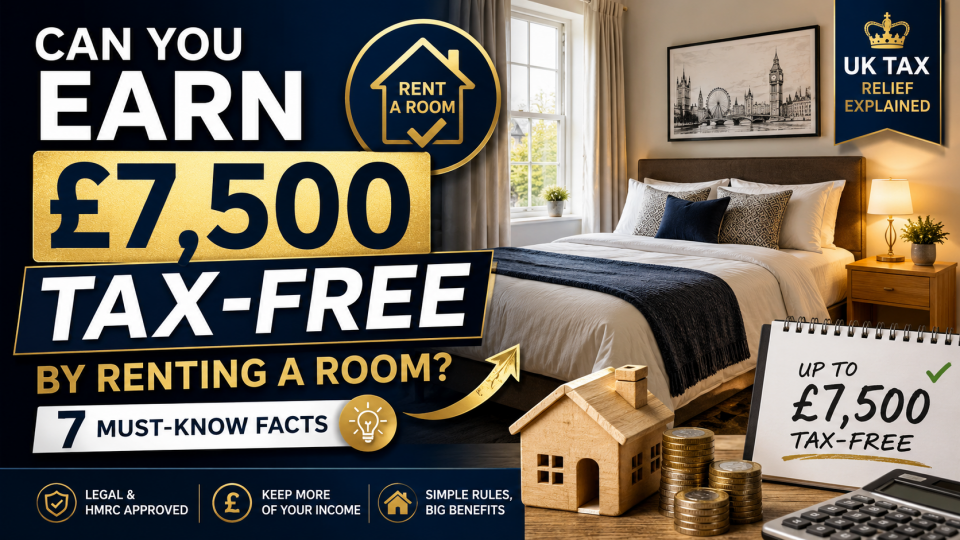 Modern UK bedroom with a tax-free income concept, illustrating the Rent a Room Scheme and earning up to £7,500 tax-free by renting out a furnished room.