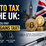 Crypto Tax in the UK – When Do You Pay Capital Gains Tax? Featured image showing cryptocurrency coins, UK tax documents and HMRC-related tax calculations.