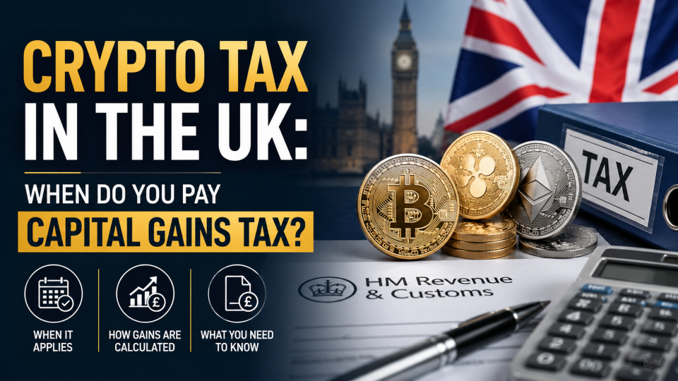 Crypto Tax in the UK – When Do You Pay Capital Gains Tax? Featured image showing cryptocurrency coins, UK tax documents and HMRC-related tax calculations.