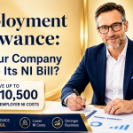 Premium Employment Allowance featured image showing a UK business owner reviewing payroll figures, with a gold background, £10,500 Employment Allowance saving message and employer National Insurance reduction theme.