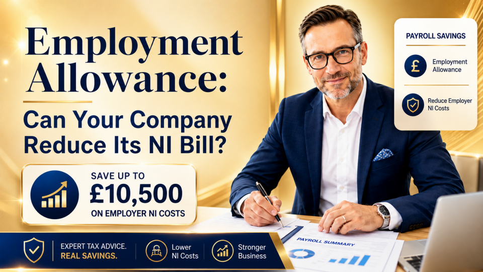 Premium Employment Allowance featured image showing a UK business owner reviewing payroll figures, with a gold background, £10,500 Employment Allowance saving message and employer National Insurance reduction theme.