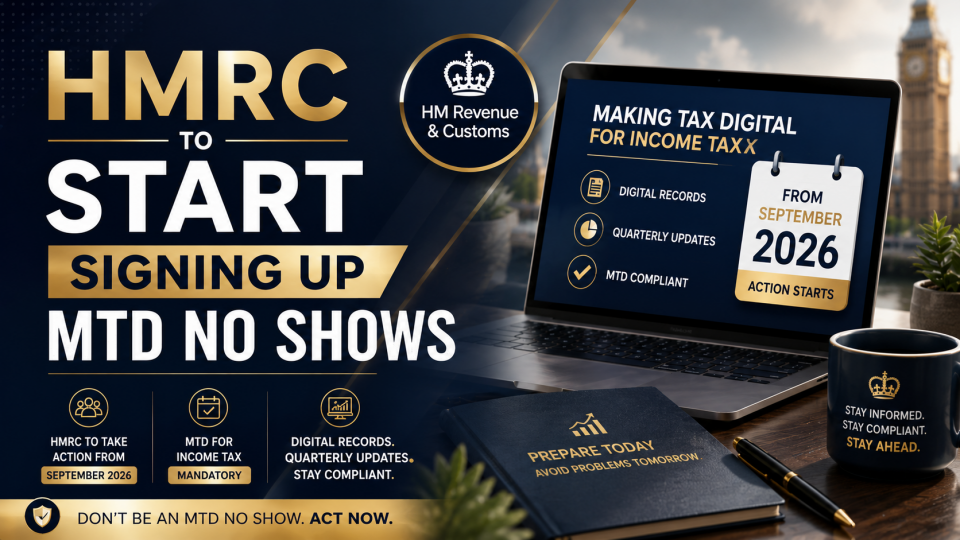 MTD No Show – HMRC to start signing up taxpayers who have not registered for Making Tax Digital for Income Tax from September 2026. The image highlights MTD compliance, digital record keeping and quarterly reporting requirements for UK sole traders and landlords.