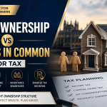 Ownership vs Tenants comparison showing Joint Ownership vs Tenants in Common for Tax with a UK property, tax planning documents, and business ownership concepts.