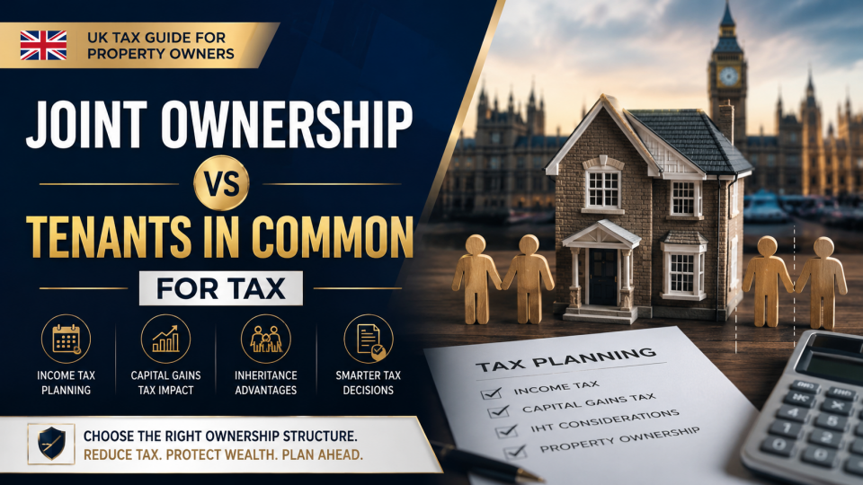 Ownership vs Tenants comparison showing Joint Ownership vs Tenants in Common for Tax with a UK property, tax planning documents, and business ownership concepts.