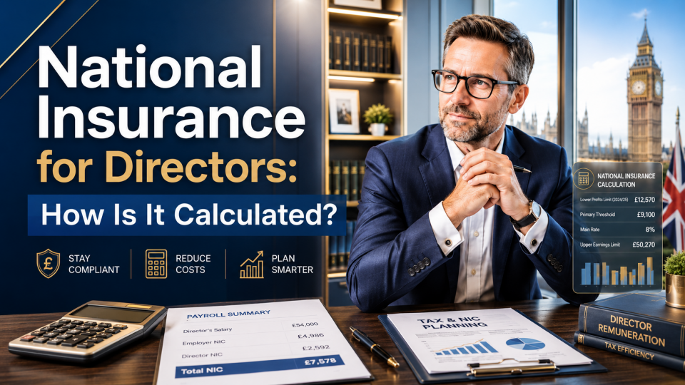 Premium featured image illustrating National Insurance for Directors, showing a UK company director reviewing payroll and National Insurance calculations with London in the background.