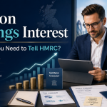 Premium 16:9 blog image about Tax on Savings Interest, showing a professional business owner reviewing savings, interest income and tax records with HMRC reporting guidance and Personal Savings Allowance themes.