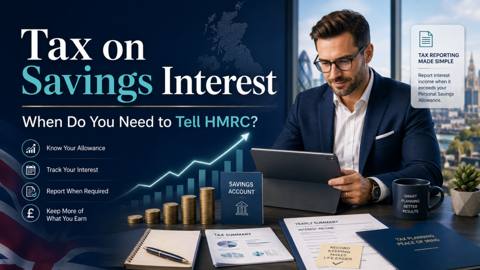 Premium 16:9 blog image about Tax on Savings Interest, showing a professional business owner reviewing savings, interest income and tax records with HMRC reporting guidance and Personal Savings Allowance themes.