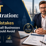 VAT Registration guide showing 9 costly mistakes UK small businesses should avoid, with a business owner reviewing VAT compliance and financial records.